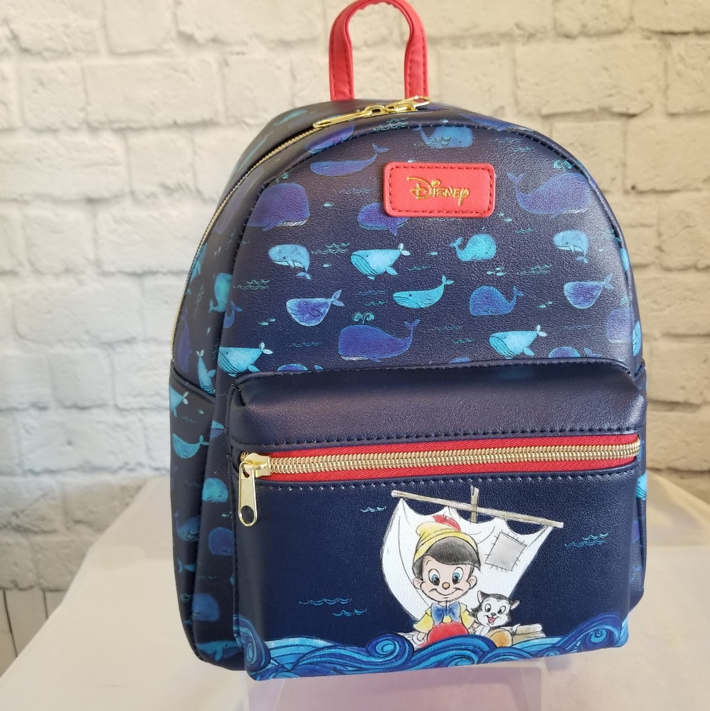 Loungefly Pinocchio Figaro Whales Ocean Waves Disney Mini Backpack Bag Blue New